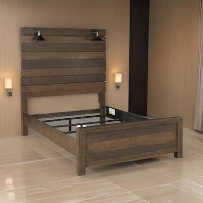Aco Queen Size Bed, 2 Lampshades, Slatted Headboard, LED Lights, Brown