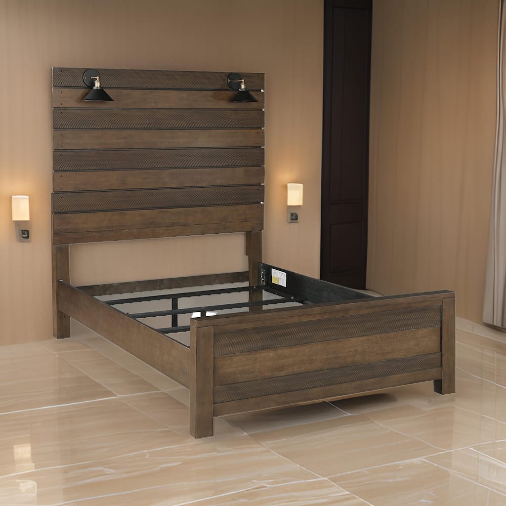 Aco Queen Size Bed, 2 Lampshades, Slatted Headboard, LED Lights, Brown
