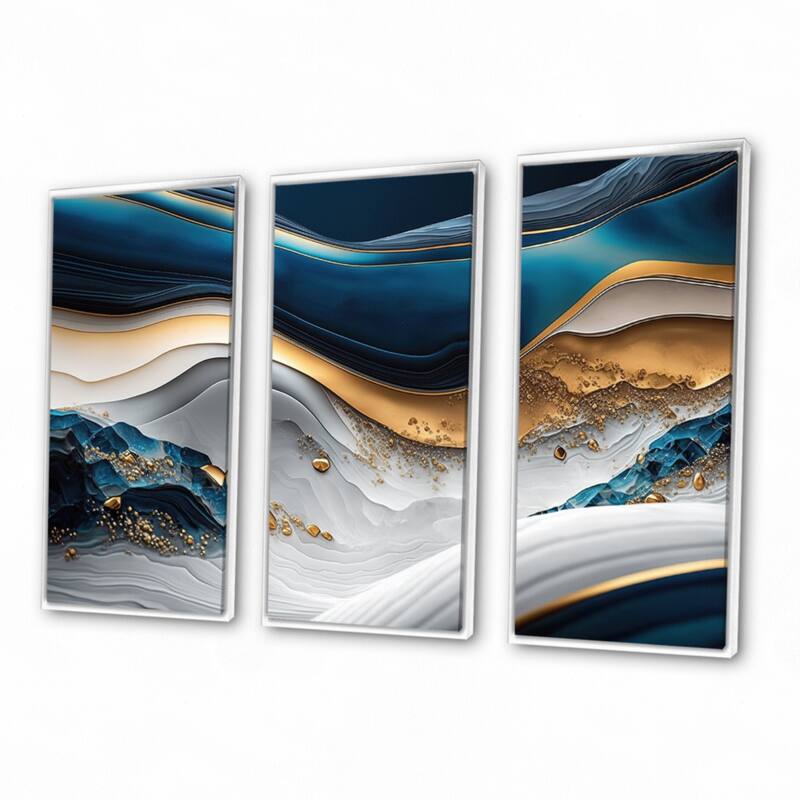 Designart "Abstract Geode Waves Blue II" Modern Waves Framed Canvas Art Print - 3 Panels