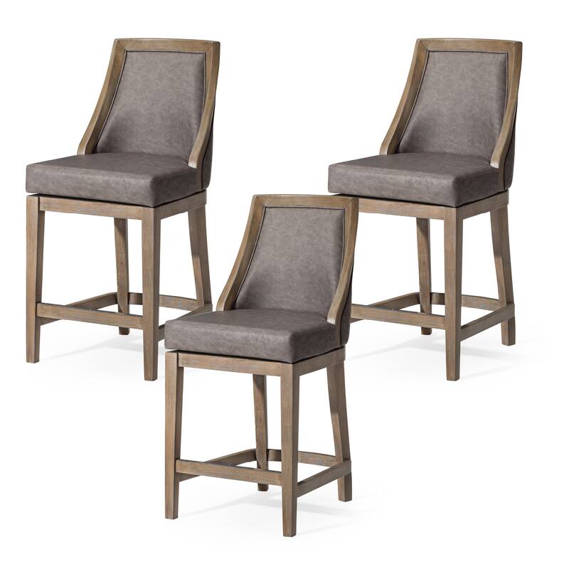 Maven Lane Vienna Swivel Kitchen Stool - Set of 3 - Reclaimed Oak Vegan Leather - Counter Height