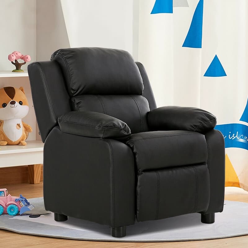 Kids Deluxe Headrest Recliner Sofa Chair with Storage Arms - 25" x 25.5" x 29" (W x D x H) - Black