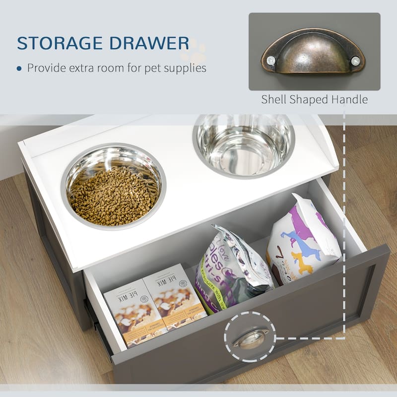 Elevated Dog Feeder Stand for Large Dogs with Storage Drawer and 2 Stainless Steel Bowls - 23.5" W x 11.75"D x 14.25" H