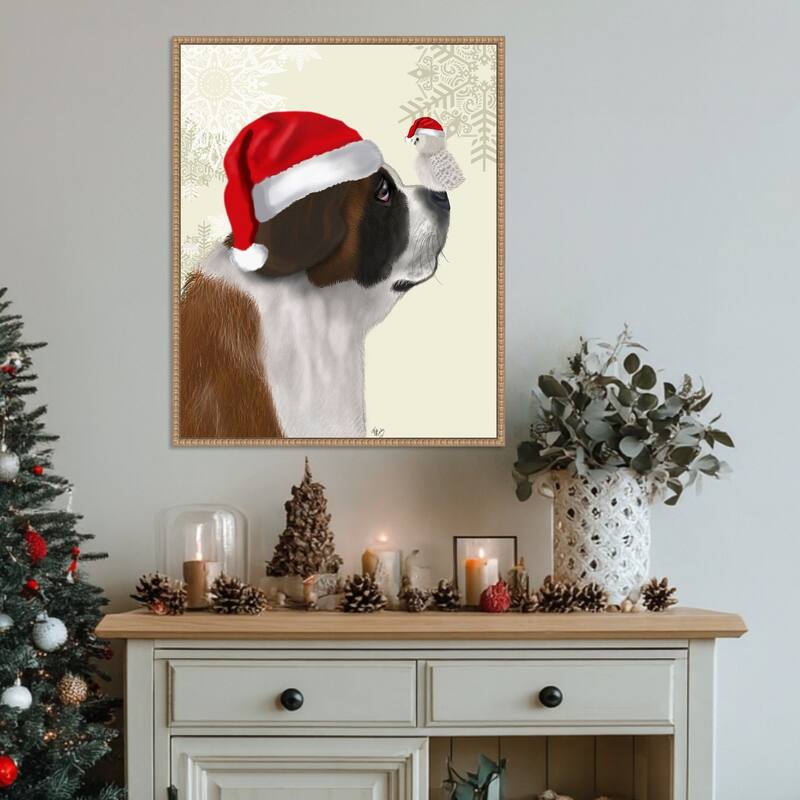 Christmas St Bernard and Fluffy Owl by Fab Funky (23 x 28 in.), Framed Canvas Wall Art Print - Sylvie Beaded Rustic Natural