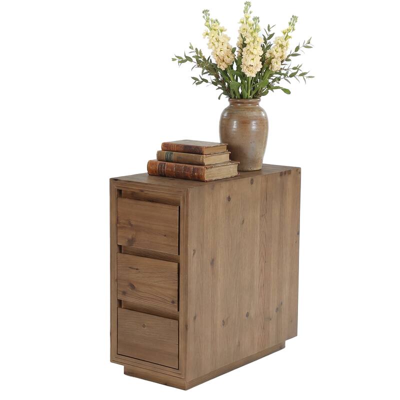 Solid Wood End Table with 3 Drawers, 23.62" H, No Assembly - Brown - 1 Pack