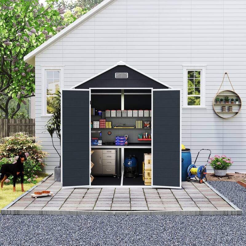 6*6ft Resin Storage Shed, High Quality Pp Material, Waterproof, Rust And Uv Proof, Large Storage Space, 12mm Thick Pp Board