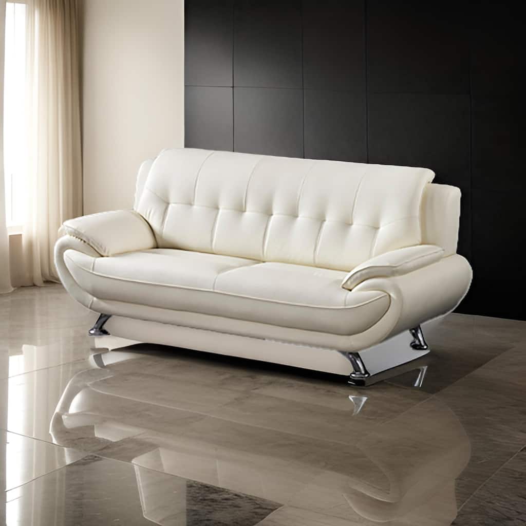 Olaf 82 Inch Sofa, Tufted Ivory Faux Leather Upholstery, Chrome Metal, Wood
