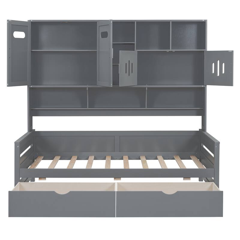 Contemporary Twin/Full Size Wooden Daybed with 2 Storage Drawers, Cabinet, and Shelf - Solid Wood Slats