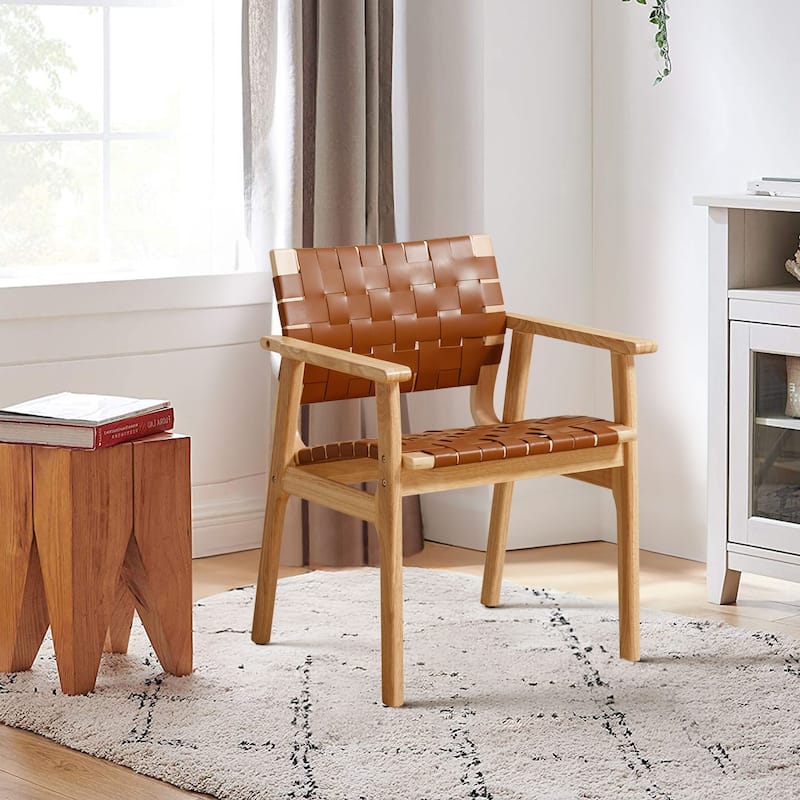 Woven Leather Dining Chairs with Solid Wood Frame - 29.7"H x 21.7"W x 22.8"D