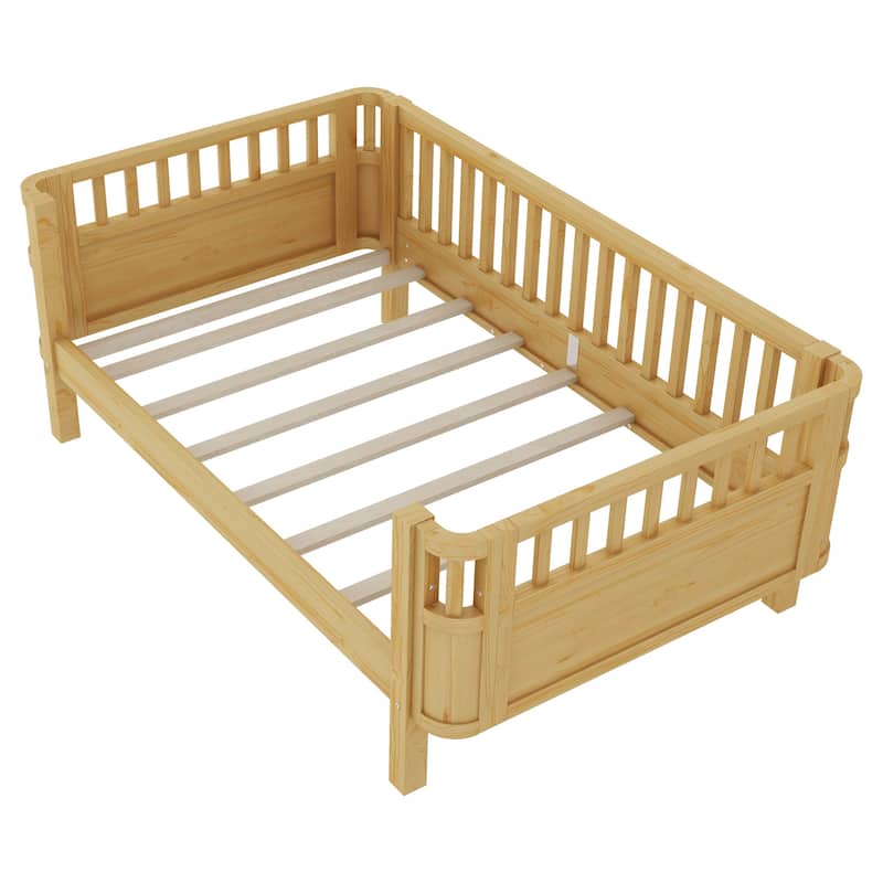 Twin Size Wood Platform Bed for Kids, Wood Low Profile Twin Bed with Rails for Girls and Boys