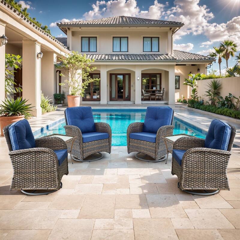 Gymojoy Ergonomic Swivel & Glider / Rocking Chair Set with Side Tables Outdoor Patio Furniture Set - 6-Piece - Swivel Chair - Brown Wicker / Blue Cusion