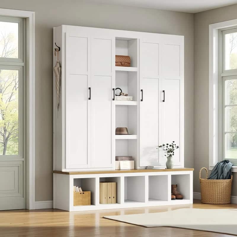 4-in-1 Hall Tree with 6 Hanging Hooks, Entryway Shoe Cabinet with Open Compartments, Wood Bench with Multiple Storage Space
