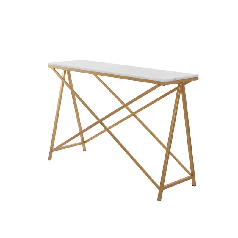 Marble Rectangular Console Table with Gold Metal Stand - White - Roche River Decor - 14"W x 47"L x 31"H
