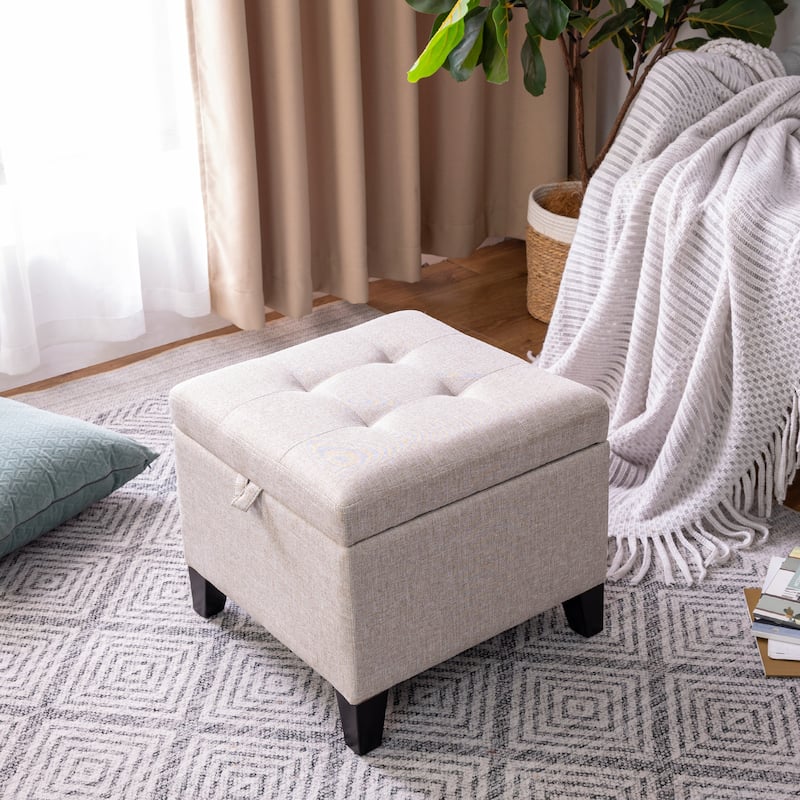 Adeco Faux Leather Tufted Flip Top Storage Ottoman - Beige-Linen