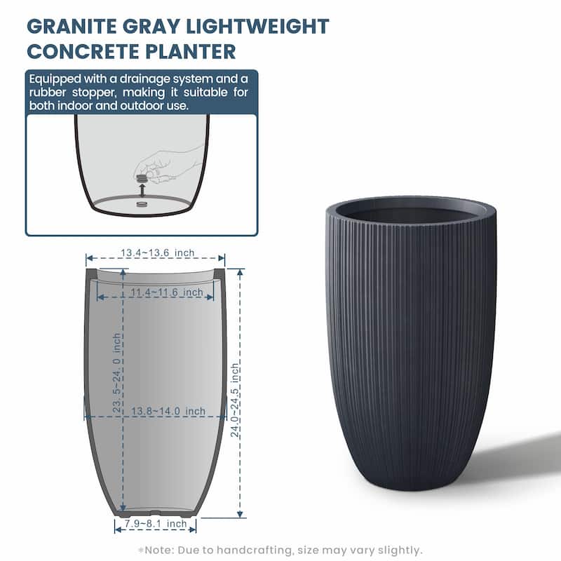 Textured Granite Gray Tall Concrete Round Plant Pots / Large Indoor and Outdoor flower Planters (13.5 Inch x 24.5 Inch)