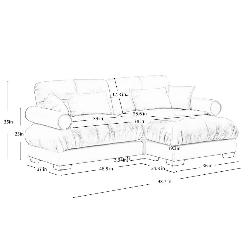93.7" Oversized Velvet 2-Seater Sofa with Ottoman, Round Bolster Armrests, and Included Pillows