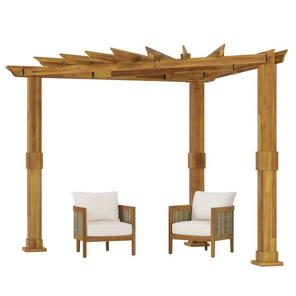 Burchett Mixed Brown, Beige, and Teak Acacia Wood Outdoor Club Chairs and Triangle Pergola by