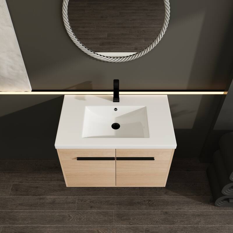 GDFStudio - Levistar Modern Wall-Mounted Bathroom Vanity Set with Scratch-Resistant Resin Sink & Soft Close Doors