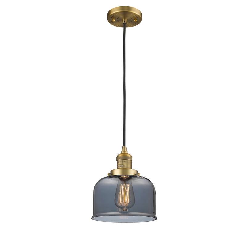 Innovations Lighting Large Bell 8" Wide Mini Pendant - Cord Suspension - Brushed Brass / Smoked