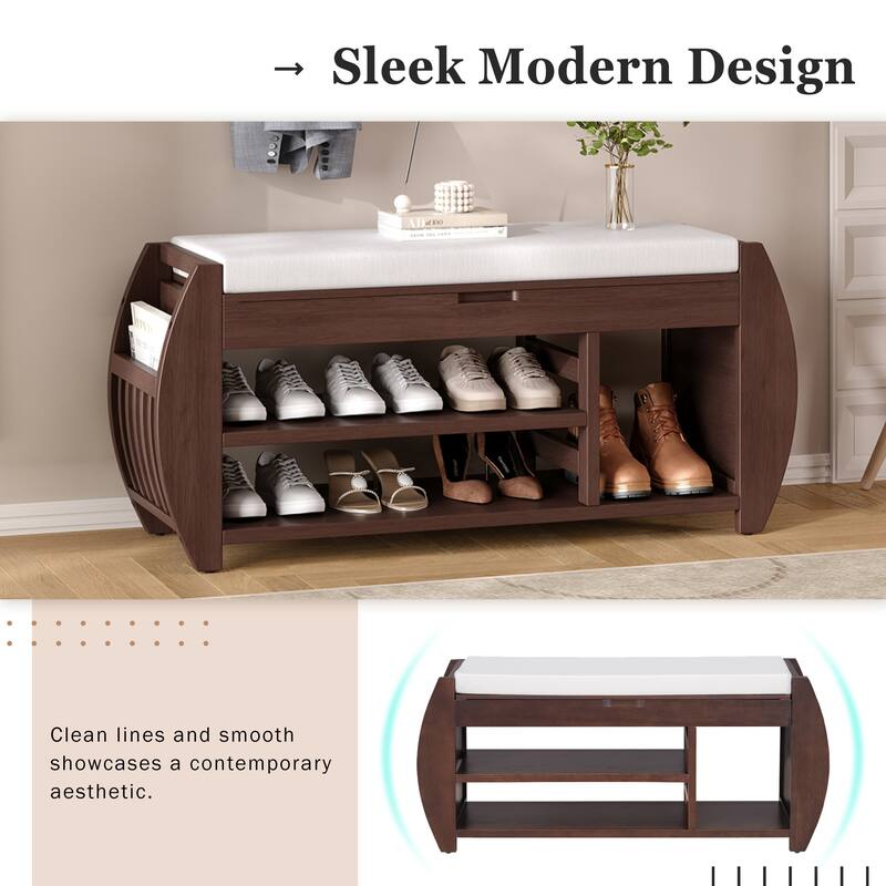 Shoe Bench 2-Tier Storage Bench with Cushion & Curved Side Holder, Wooden Panel Shoe Rack Organizer for Entryway, Living Room - Espresso
