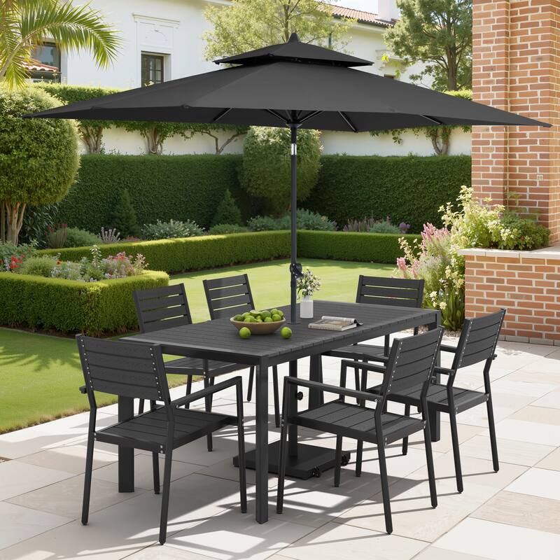9/11-Piece Patio Dining Set Aluminum Dining Table and Chairs w/10 ft Market Umbrella and Base with Wheels