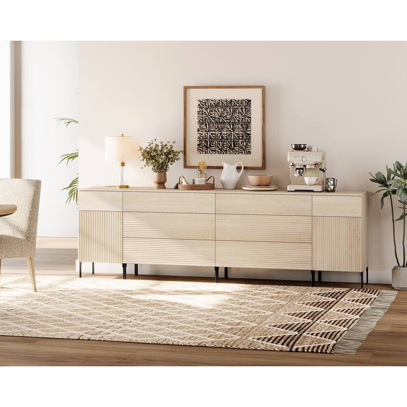 94.5" Wooden Reeded Sideboard With Built-In Charging Station, 4-In-1 Modern Credenza