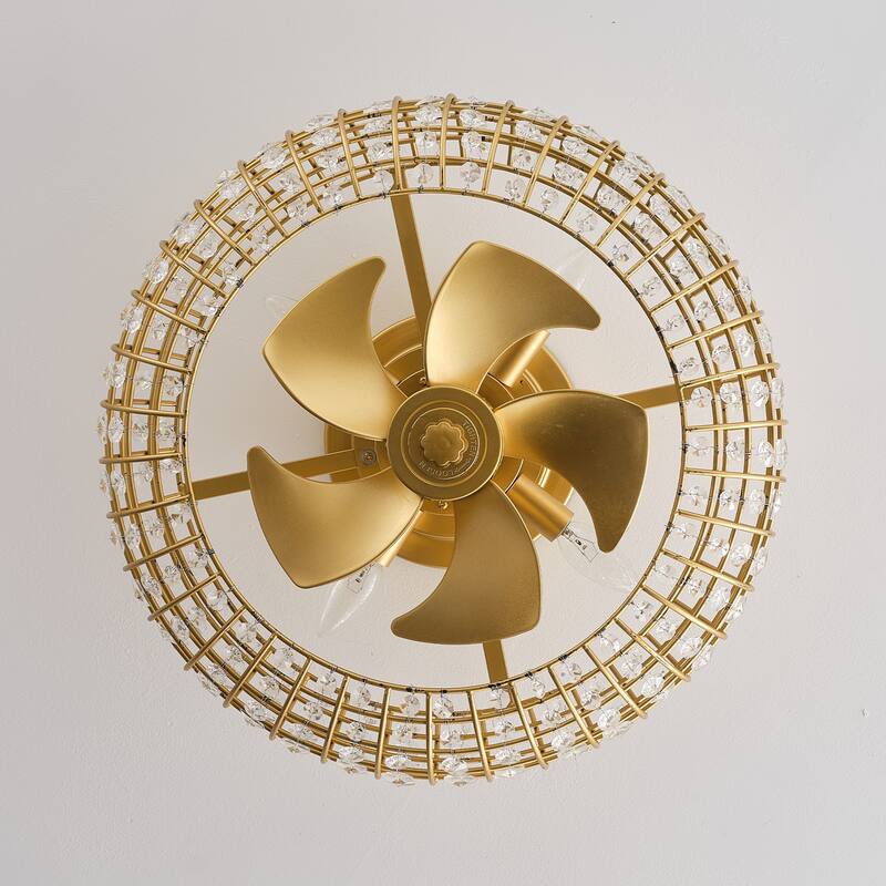 20" Modern Gold Caged 4-Light Crystal Low-Profile Flush Mount Ceiling Fan with Remote