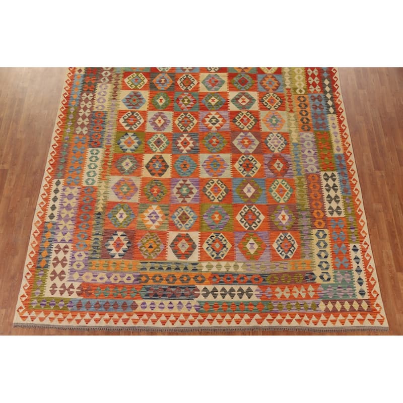 Hand Woven Oriental 100% Wool Carpet Southwestern Geometric Multi-Colored Kilim Area Rug - 12' 8'' X 9' 7''