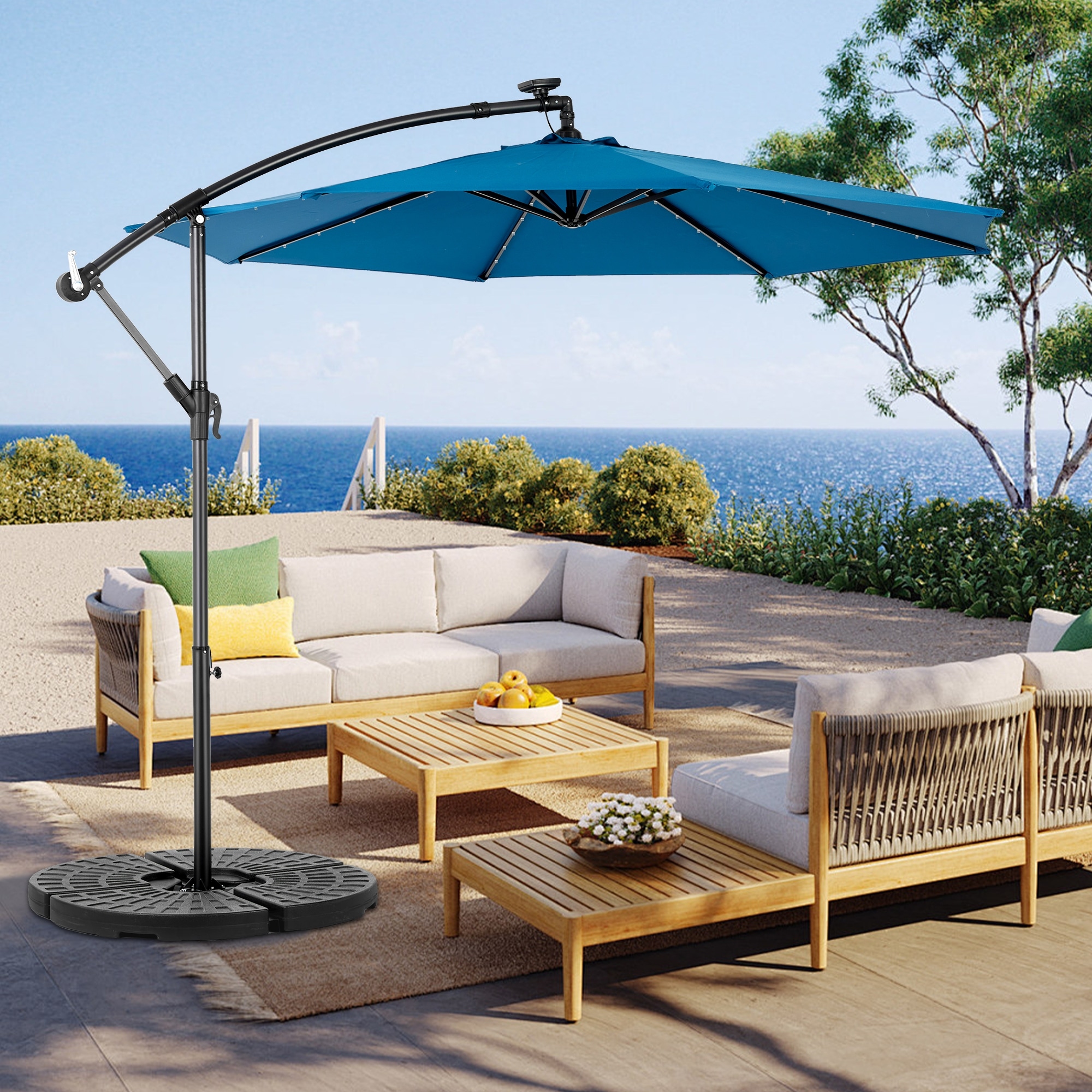 10ft Solar LED Offset Hanging Market Patio Umbrella, Dining Table Umbrella Push Button Tilt(No Base)
