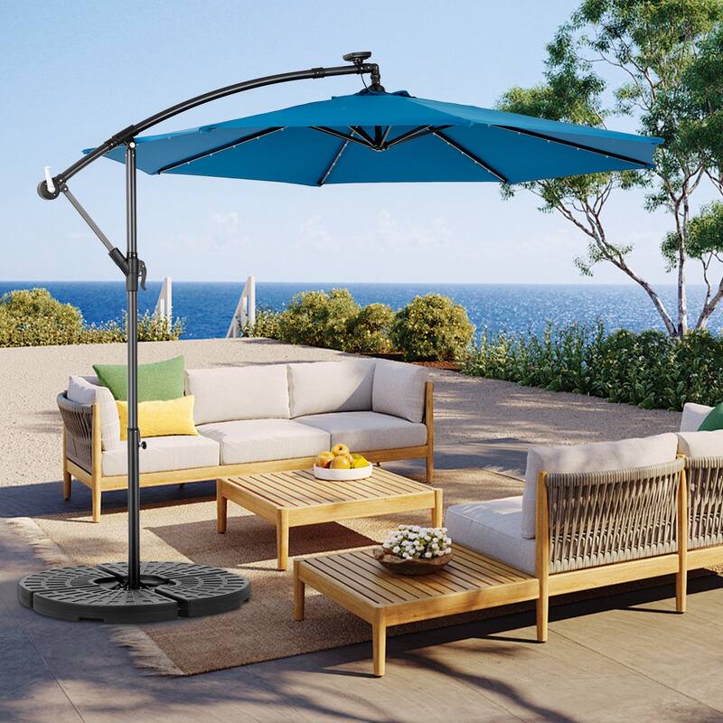 HOMEFUN 10ft Solar LED Offset Hanging Market Patio Umbrella