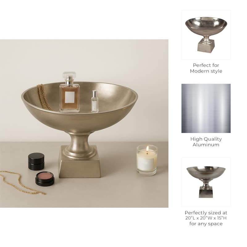 Decorative Metal Bowl on Square Pedestal Base Home Decor - 20" Silver - 20.0"