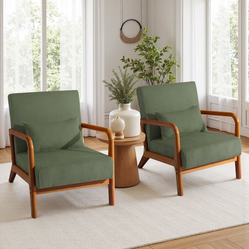 Uixe Mid Century Solid Wood Upholstered Corduroy Accent Chair - Grey Green-Set of 2