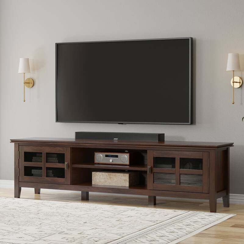 WYNDENHALL Stratford SOLID WOOD 72" Wide Transitional TV Media Stand in Russet Brown For TVs upto 80" - 16.5" D x 72" W x 20" H