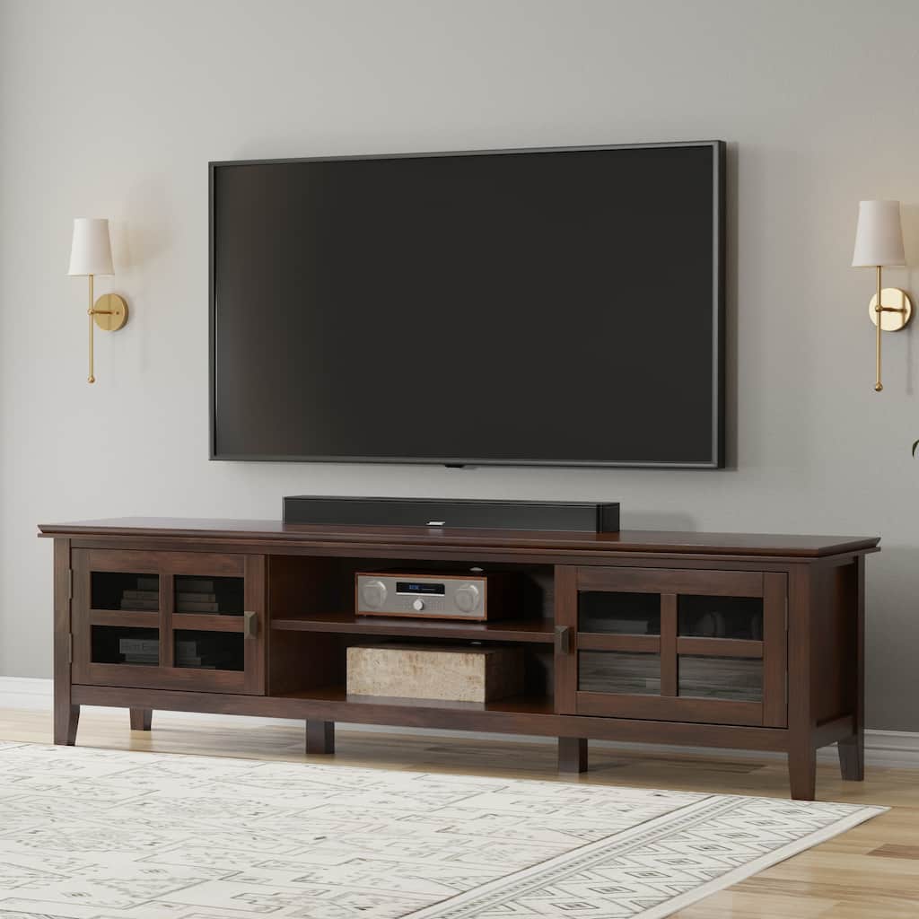 WYNDENHALL Stratford SOLID WOOD 72" Wide Transitional TV Media Stand in Russet Brown For TVs upto 80" - 16.5" D x 72" W x 20" H