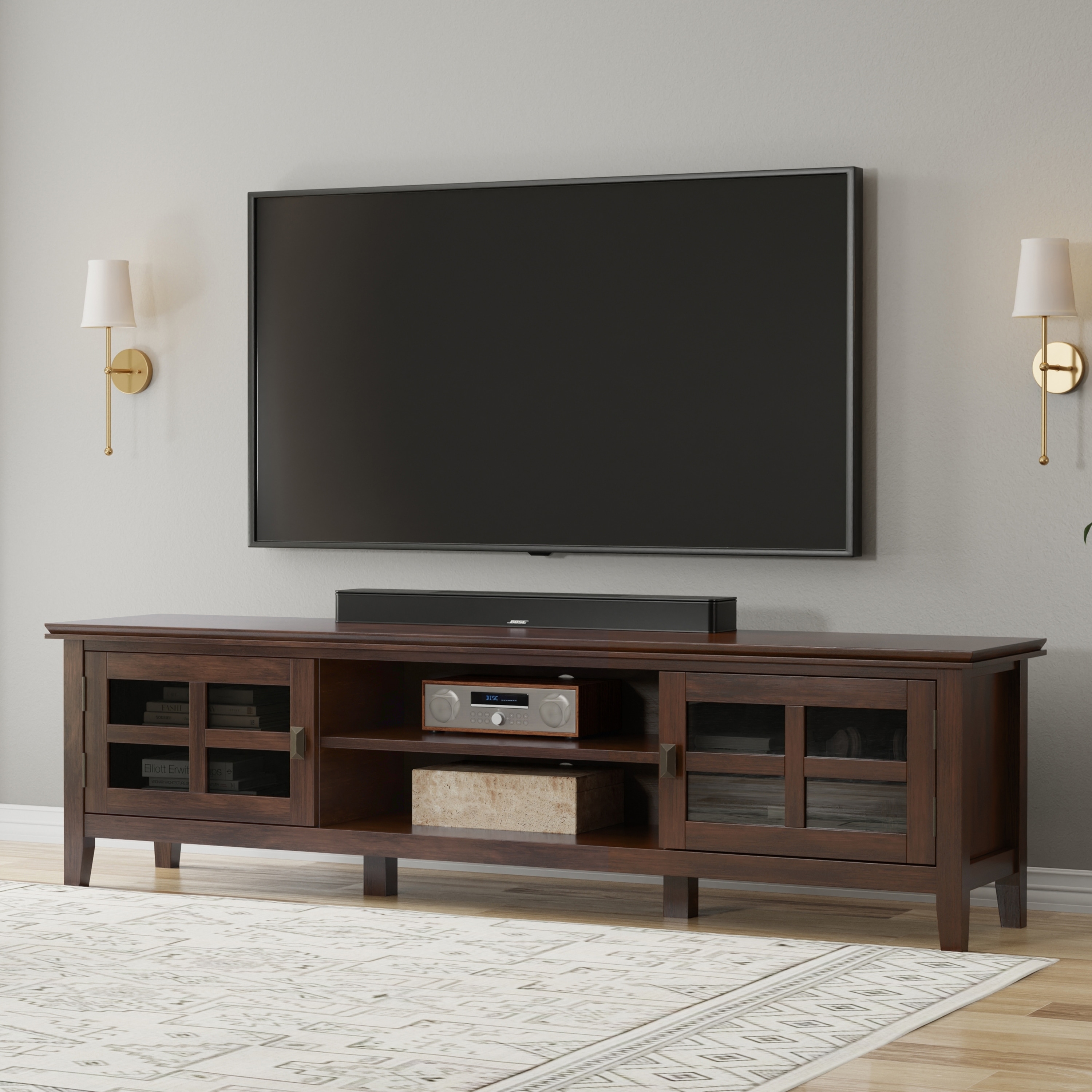 WYNDENHALL Stratford SOLID WOOD 72" Wide Transitional TV Media Stand in Russet Brown For TVs upto 80" - 16.5" D x 72" W x 20" H