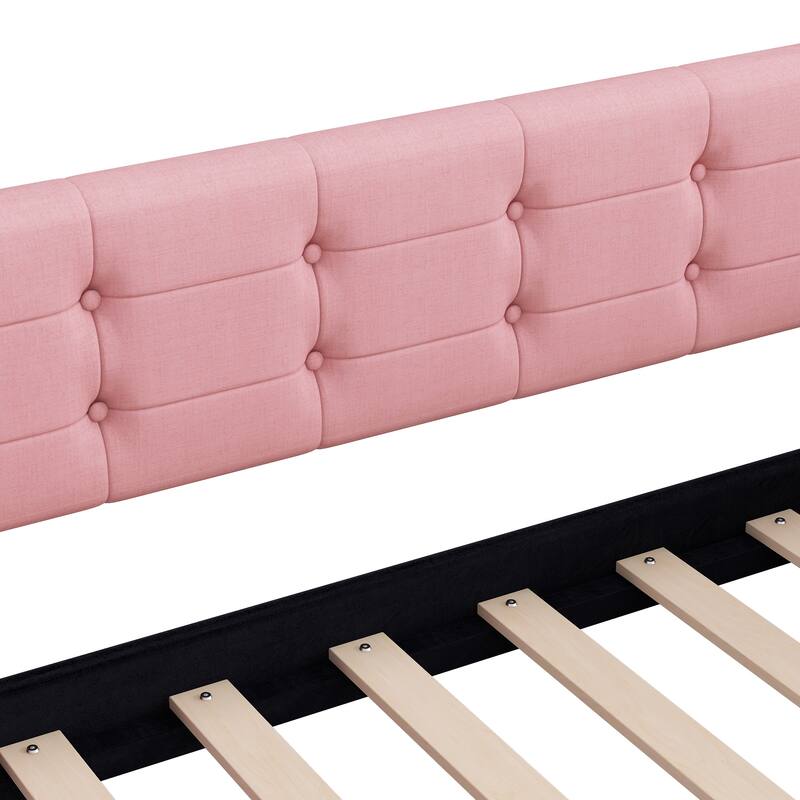 Elegant Style Linen Fabric Daybed, Upholstered Tufted Button Platform Sofa Bed Frame with 4 Solid Pine Wood Legs