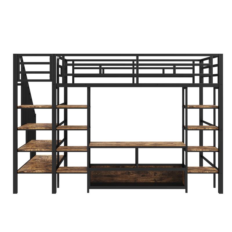 Full Size Metal Loft Bed with Staircase, Storage Table, and Shelves, Black