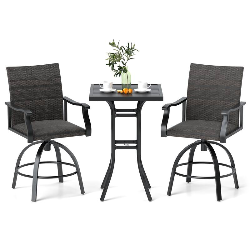 Gymax 3 PCS PE Wicker Patio Swivel Bar Set Table & Chairs w/ - Black