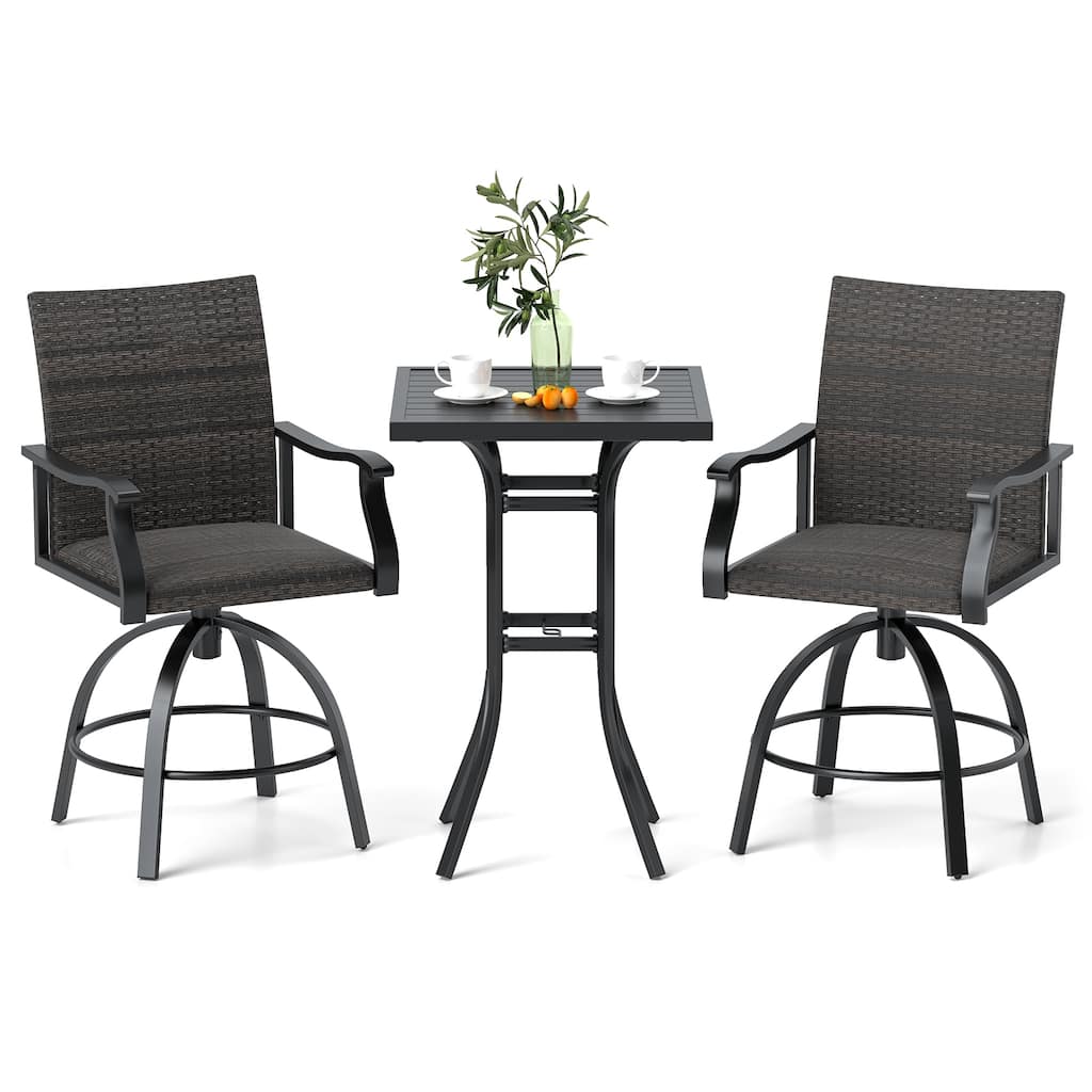 Gymax 3 PCS PE Wicker Patio Swivel Bar Set Table & Chairs w/
