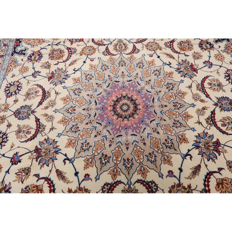 Hand Knotted Isfahan Cream Persian Wool & Silk Traditional Oriental Area Rug - 8' 5'' x 11' 9''