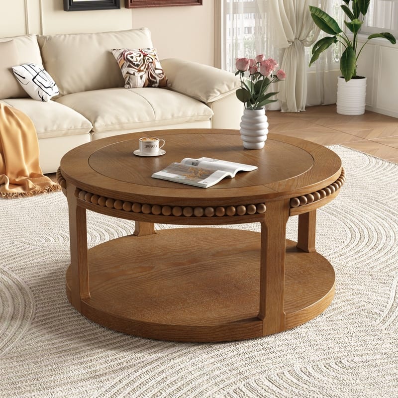 Round Solid Wood Coffee Table, Two-Tier Design with Sturdy Construction for Living Room Elegance