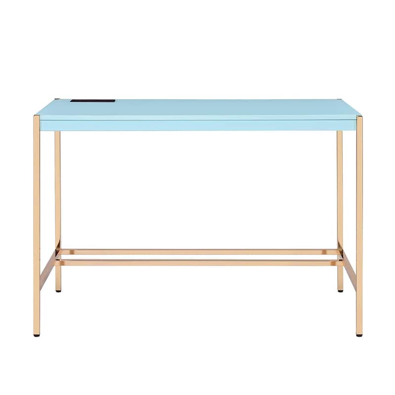 Rectangular Writing Desk with USB Port, Baby Blue and Gold