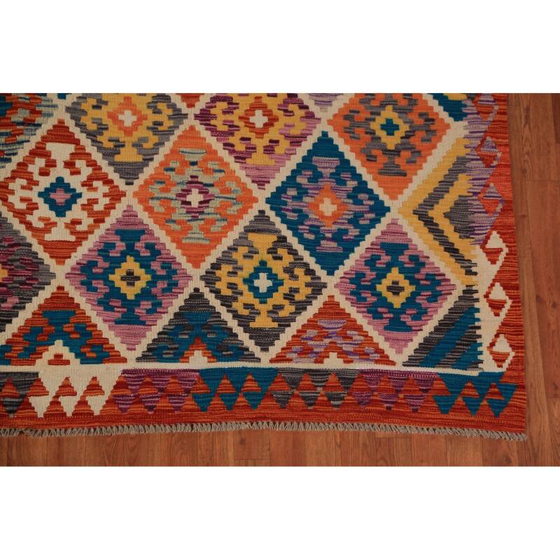 Geometric Kilim Oriental Area Rug Tribal Hand-Woven Wool Carpet - 8'0"x 11'2"