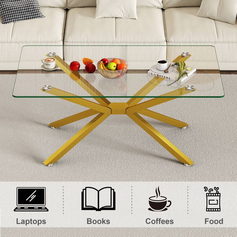 39.37" Rectangular Tempered Glass Coffee Table, Stylish Design with Metal Legs, Coffee Table for Living Room