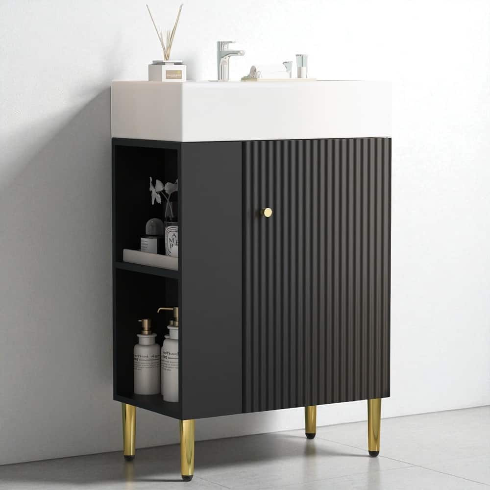 21.6" Bathroom Vanity with Sink, Left Side Storage Pocket, Ceramic Basin, Gold Legs, Modern Freestanding Cabinet