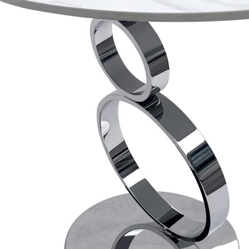 Stone Round End Table with Stainless Steel Pedestal Base - 21.6” x 21.6” x 20.9” (D x W x H)