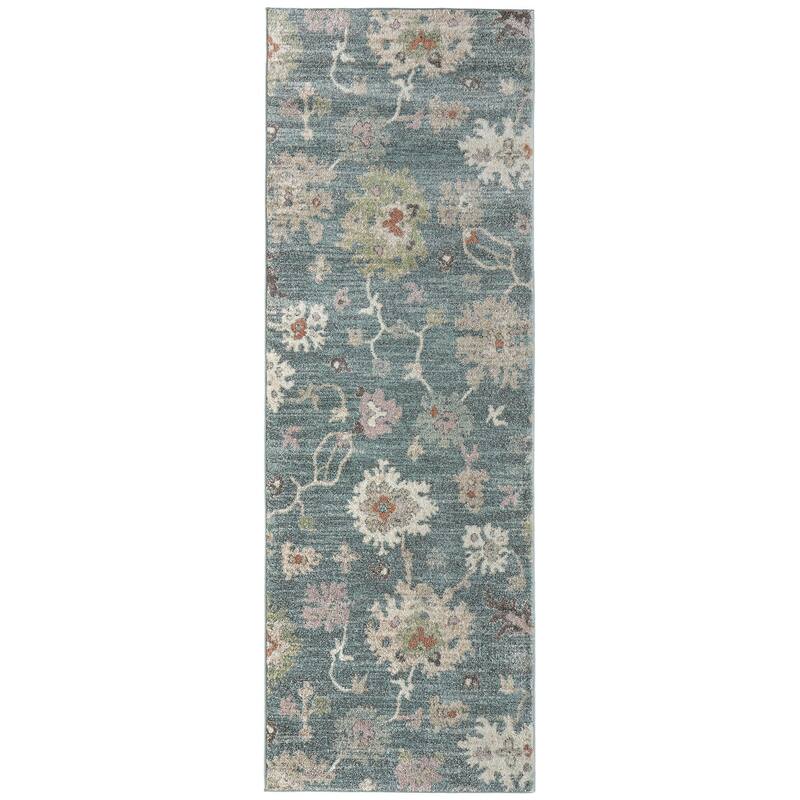 Welch R39QM Abstract Transitional Area Rug - 2'6" x 7'3" - Blue/Ivory/Pink