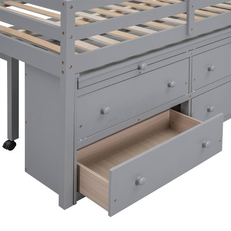 Twin/Full Size Low Loft Bed with Retractable Writing Desk and 4 Drawers, Wooden Loft Bedframe w/ Lateral Portable Desk & Shelves