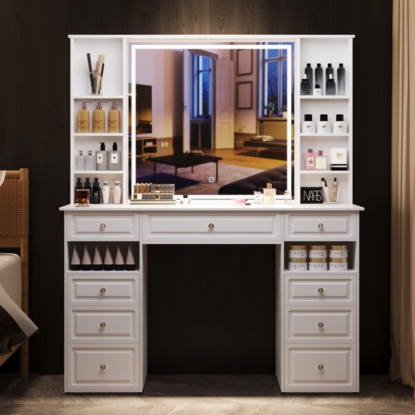 Modern Vanity Set with Lighted Mirror Extra Large Mirror Makeup Vanity Table with 9 Drawers European Style Vanity On Sale Bed Bath Beyond 40704812