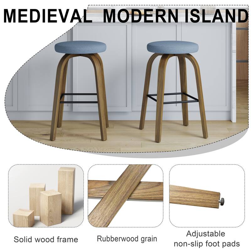 Swivel Bar Stools Set of 2, Bar Height Backless 30″Bar Stool, Fabric Upholstered Seat, Sturdy Wood Legs and Metal Footrest