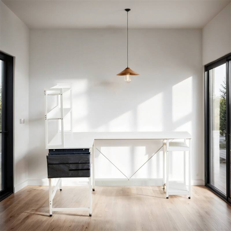 94.5" L Shape Home Office Desk with Storage Shelves and Stool